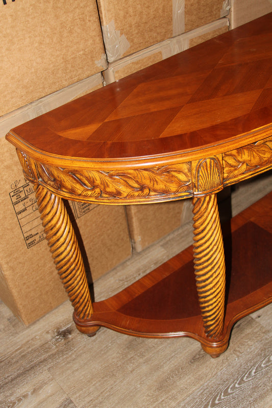 Vintage Carved Demilune Console Table with Barley Twist Legs