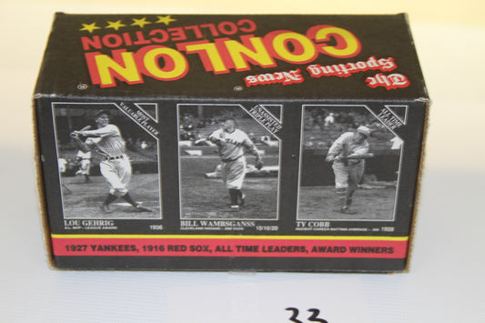 Top of box featuring iconic baseball player cards Lou Gehrig, Bill Wambsganss, Ty Cobb
