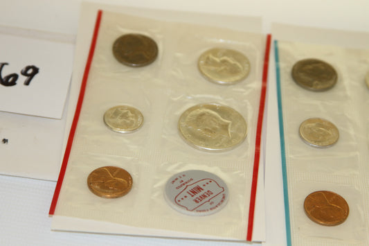 Closeup of 1964 Denver Mint uncirculated coins in original packaging