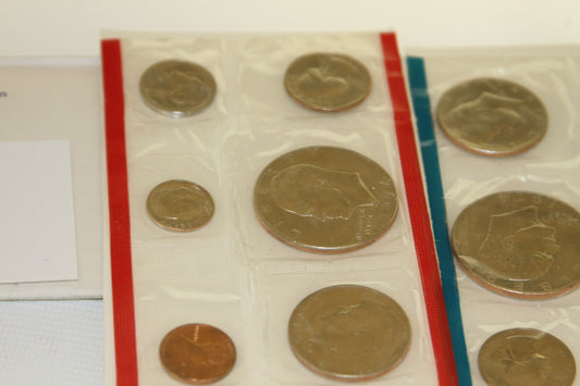 Close-up of left panel coins in red-edged packaging from 1974 U.S. Mint set