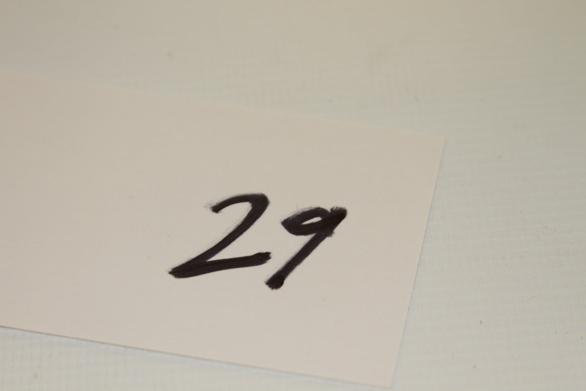 Handwritten number 29 on a white card