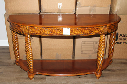 Vintage Carved Demilune Console Table with Barley Twist Legs