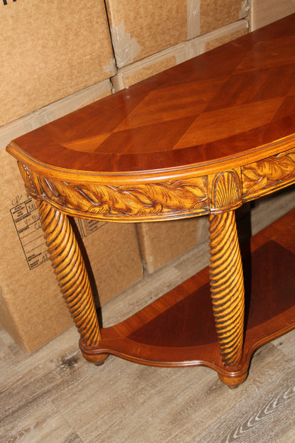 Vintage Carved Demilune Console Table with Barley Twist Legs