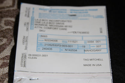 Manufacturer tag showing La-Z-Boy, Mitchell, mahogany finish