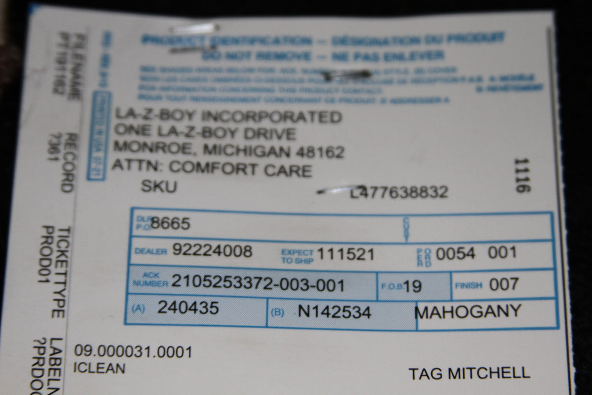 La-Z-Boy product identification tag with Mitchell label