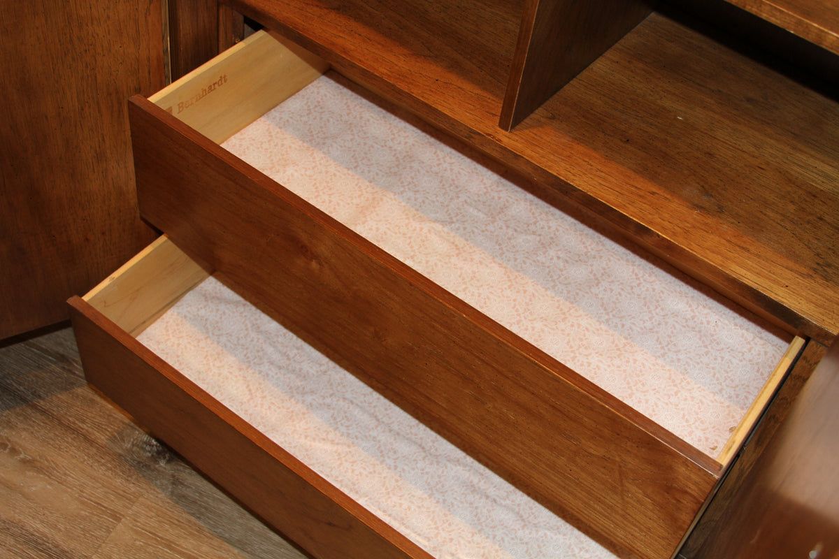 Open drawer with Bernhardt branding and patterned lining