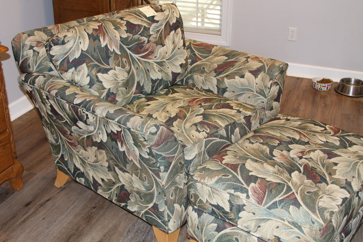 Club chair and ottoman set side angle showing pattern and wood legs