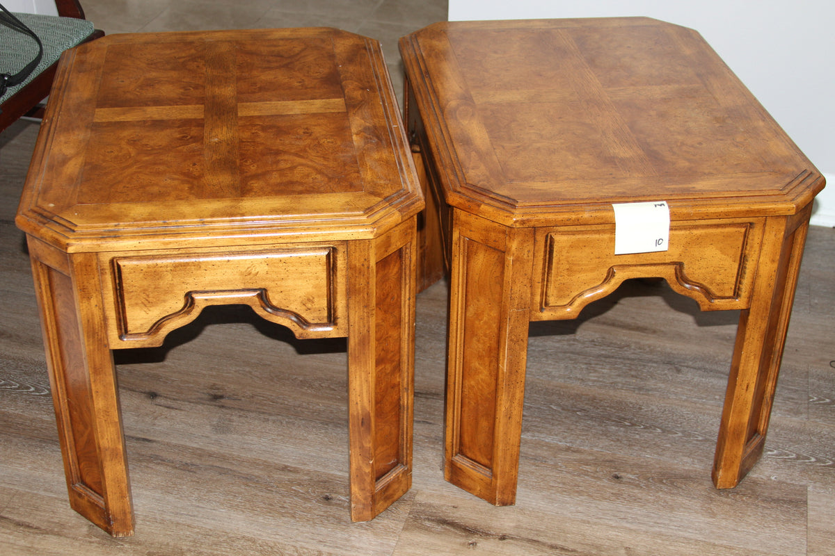 Pair of honey-gold burl top end tables with octagonal corners