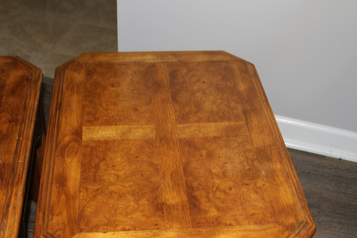 Close-up of burl wood veneer and inlaid banding on end table top