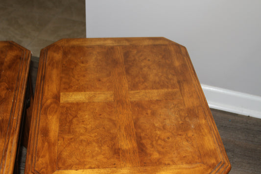 Close-up of burl wood veneer and inlaid banding on end table top