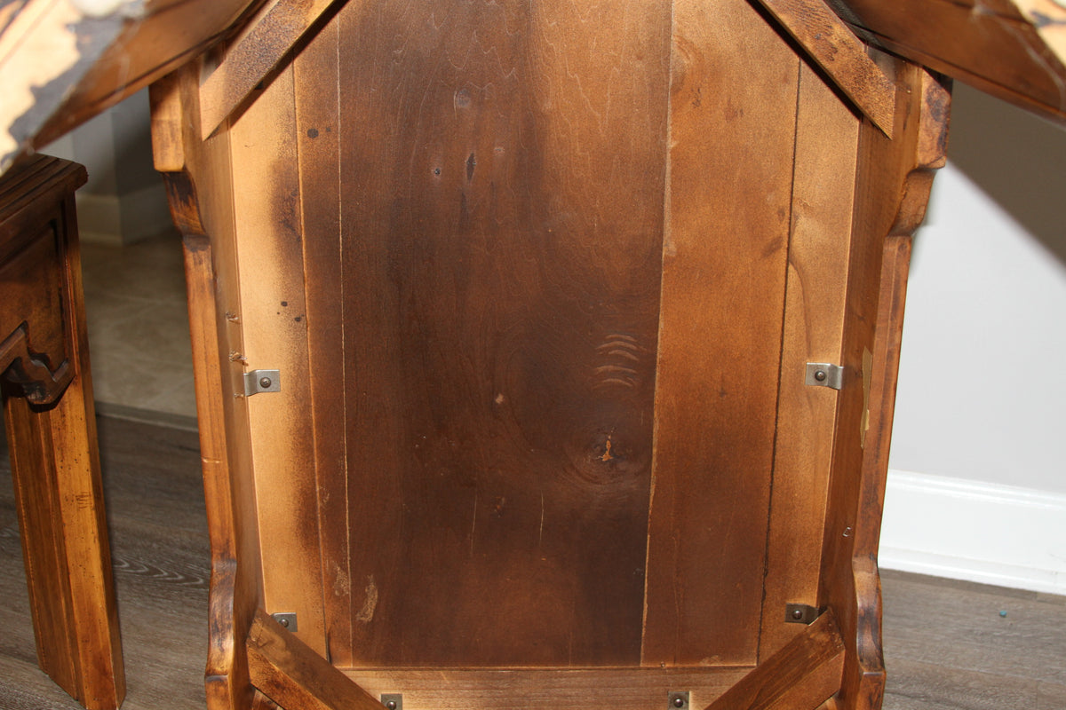 Underside of wood end table showing solid wood construction