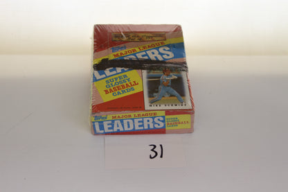 Sealed Topps Major League Leaders baseball cards box front view featuring Mike Schmidt
