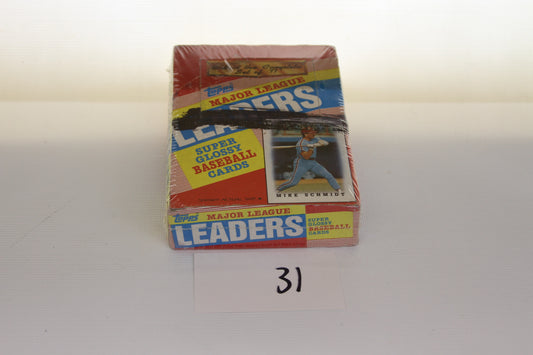 Sealed Topps Major League Leaders baseball cards box front view featuring Mike Schmidt