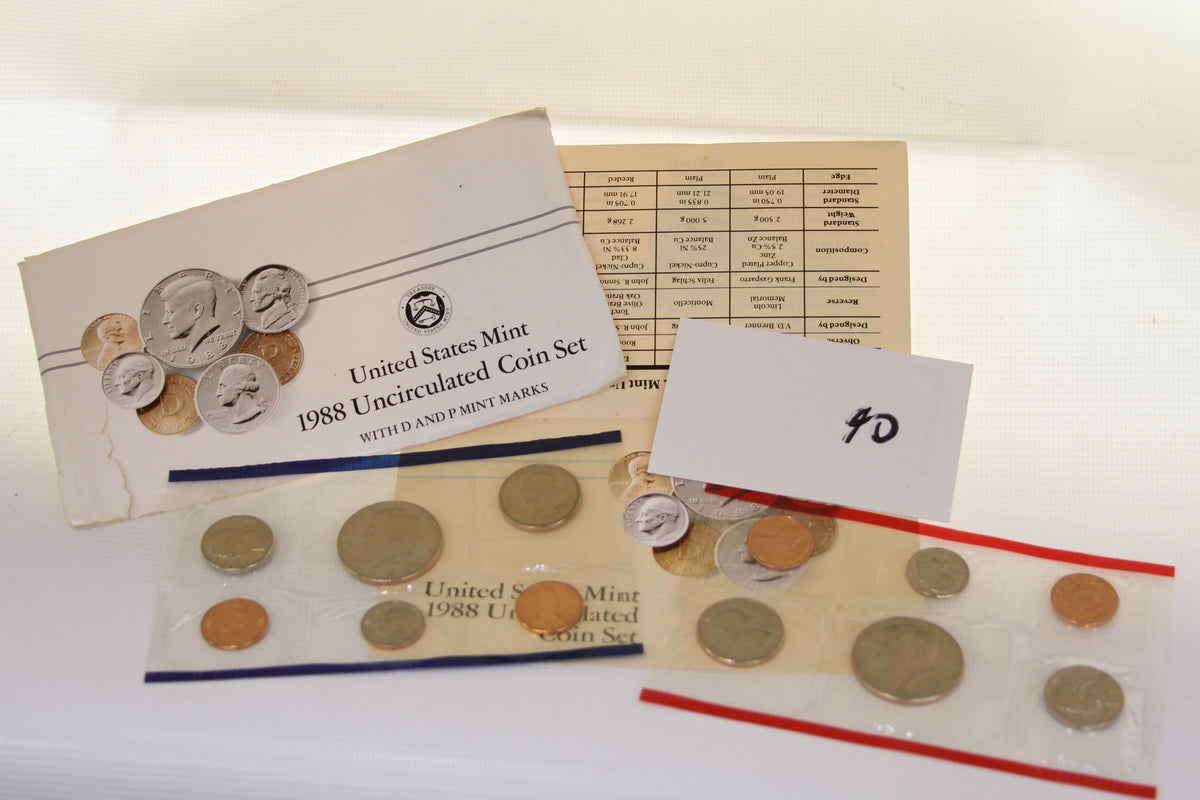 Complete 1988 US Mint Uncirculated Coin Set with packaging and coins displayed