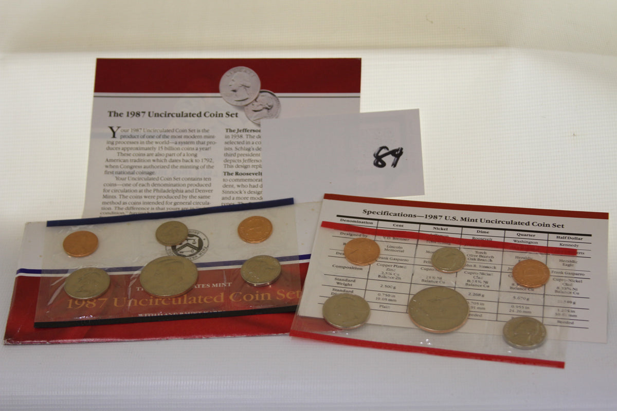 1987 US Mint Uncirculated Coin Set with coins and informational inserts