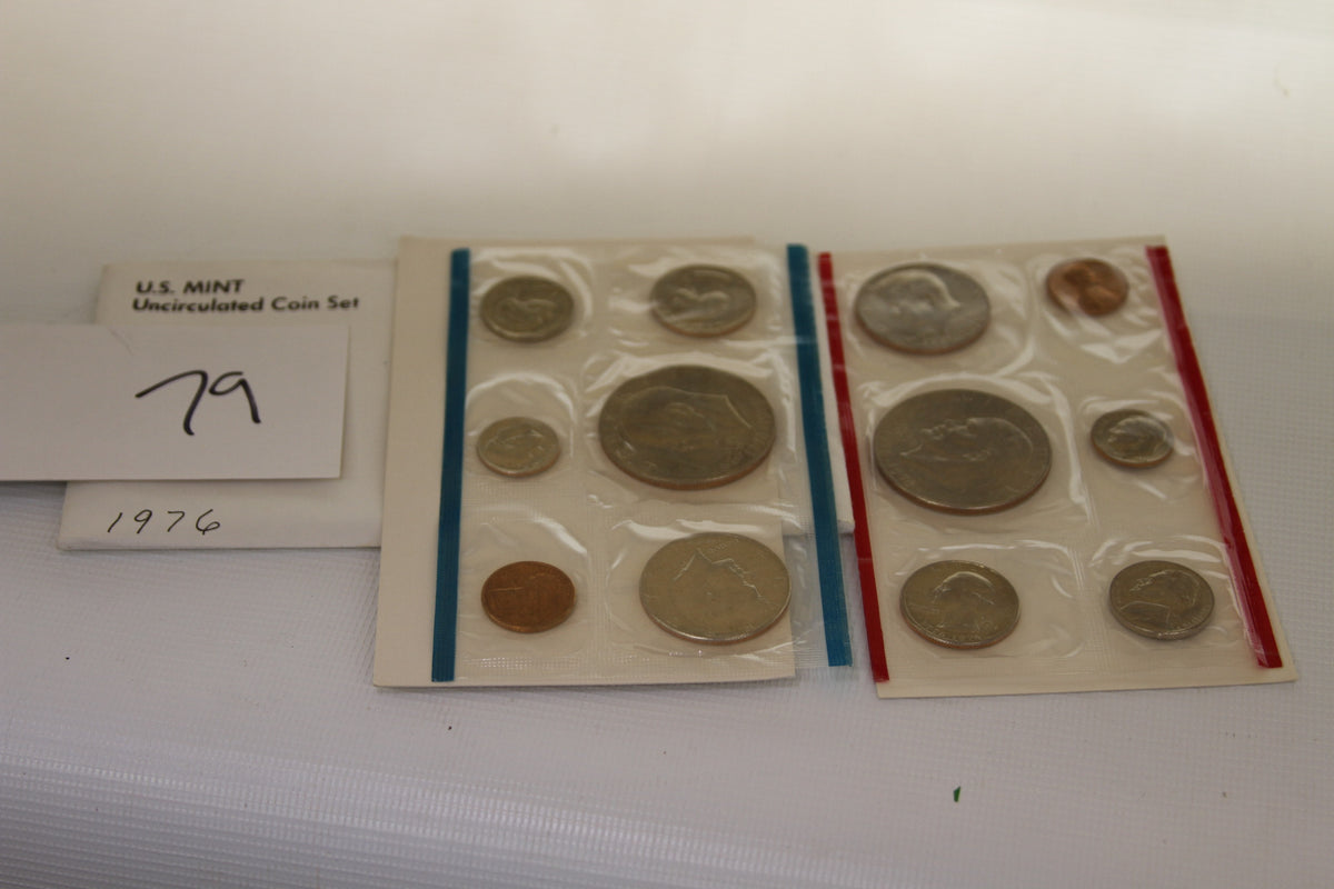 1976 U.S. Mint Uncirculated Coin Set in sealed packaging with envelope