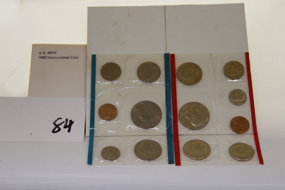 1980 U.S. Mint Uncirculated Coin Set with coins in original packaging and envelope