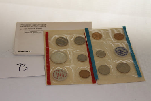 1970 US Mint uncirculated coin set with original envelope and two sealed coin sleeves
