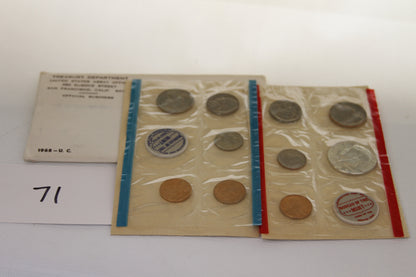 1968 US Mint uncirculated coin set with blue and red sleeves and original envelope