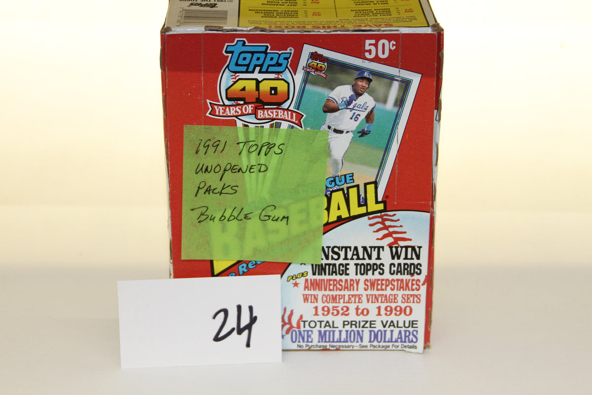 Front of 1991 Topps Baseball unopened box with handwritten note