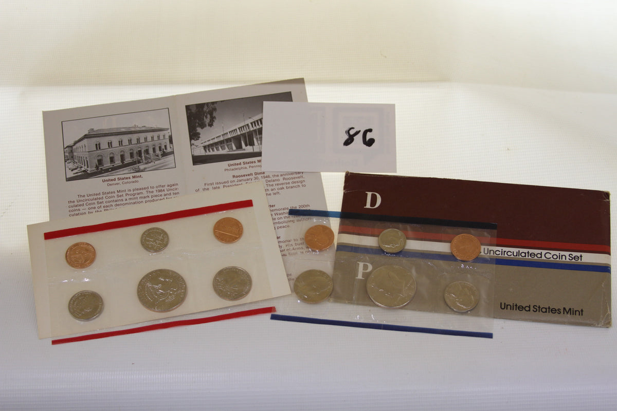 1984 United States Mint Uncirculated Coin Set with packaging and coins displayed