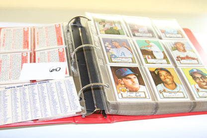 Binder with Topps 1952 Reprint Series baseball cards in clear plastic sleeves