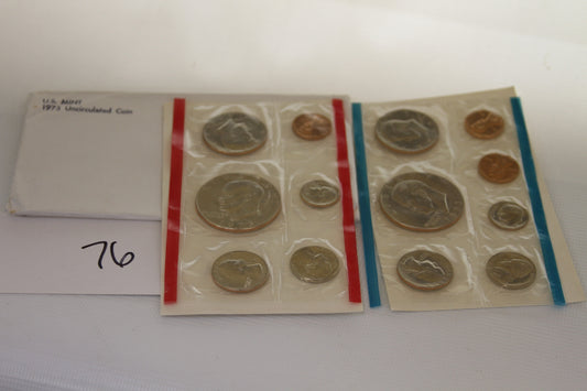 1973 U.S. Mint uncirculated coin set in package with two sealed strips of coins and envelope