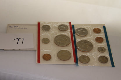 Complete 1974 U.S. Mint Uncirculated Coin Set in packaging with white card labeled 77