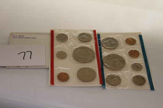 Complete 1974 U.S. Mint Uncirculated Coin Set in packaging with white card labeled 77