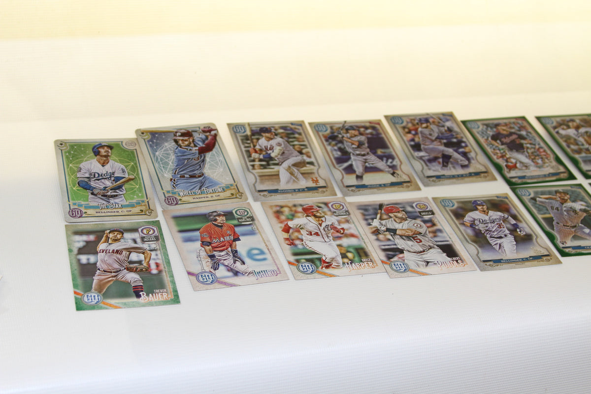 Multiple stylized MLB trading cards laid out in rows