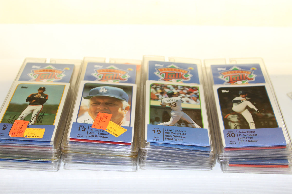 Rows of Topps Sports Talk baseball card sets including Carlton Fisk set