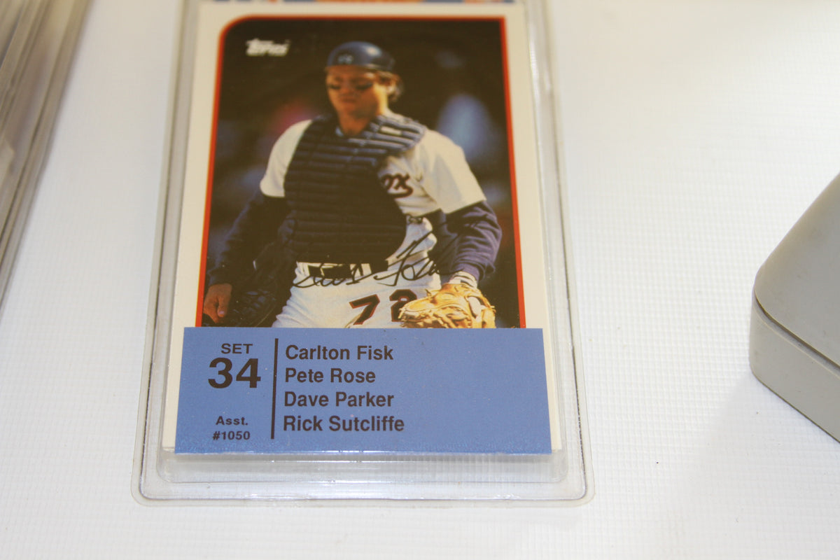 Close up of Carlton Fisk Topps Sports Talk card in case