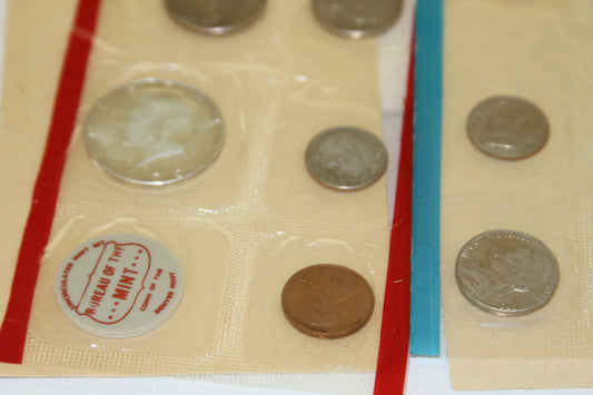 Close-up of 1970 US Mint uncirculated coins in protective packaging