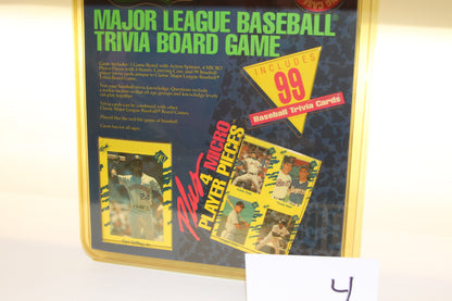 Close-up of trivia board game box showing included player cards and features