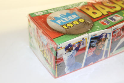 Corner of 1990 Fleer Baseball Card Box showing MLB graphics and players