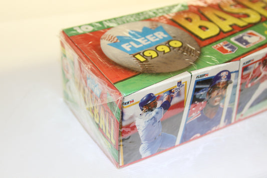 Corner of 1990 Fleer Baseball Card Box showing MLB graphics and players
