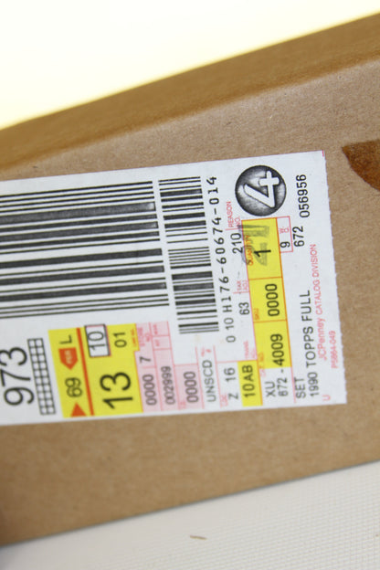 Close-up of barcode and shipping label on 1990 Topps box