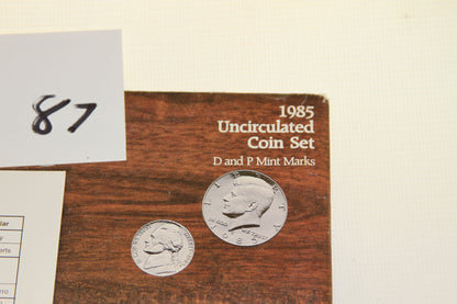 Close-up of 1985 Uncirculated Coin Set packaging with D and P Mint Marks label