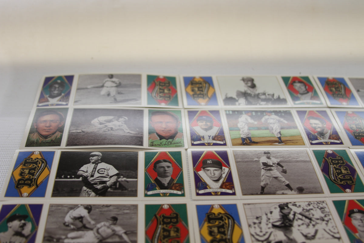 Close-up of top rows on Upper Deck BAT baseball card sheet with player portraits and logos