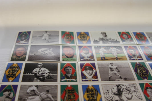 Close-up of top rows on Upper Deck BAT baseball card sheet with player portraits and logos