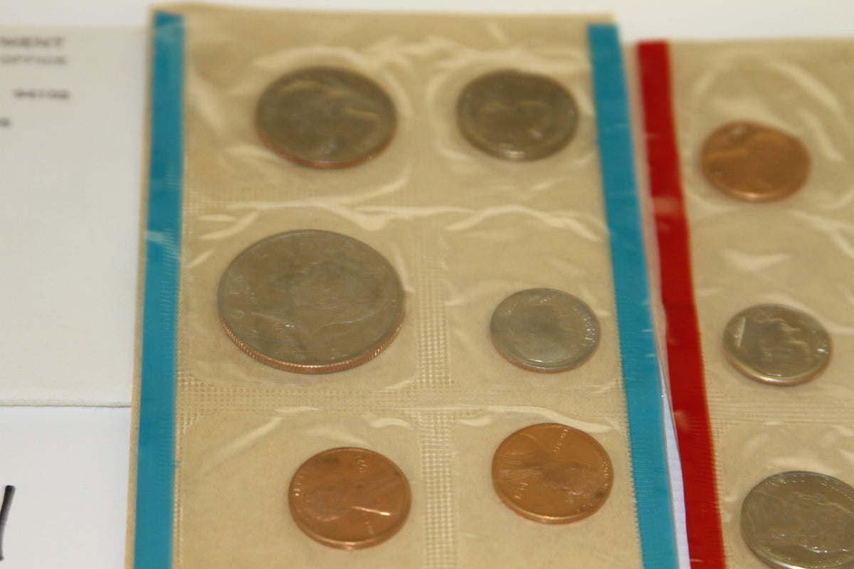 Close-up of coins in blue-edged sealed pack from 1971 U.S. Mint set