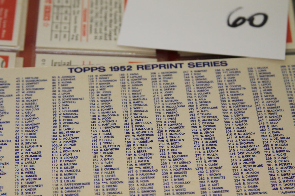 Close-up of Topps 1952 Reprint Series checklist card