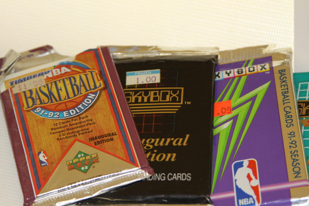 Close-up of Upper Deck and SkyBox 1991-92 NBA trading card packs