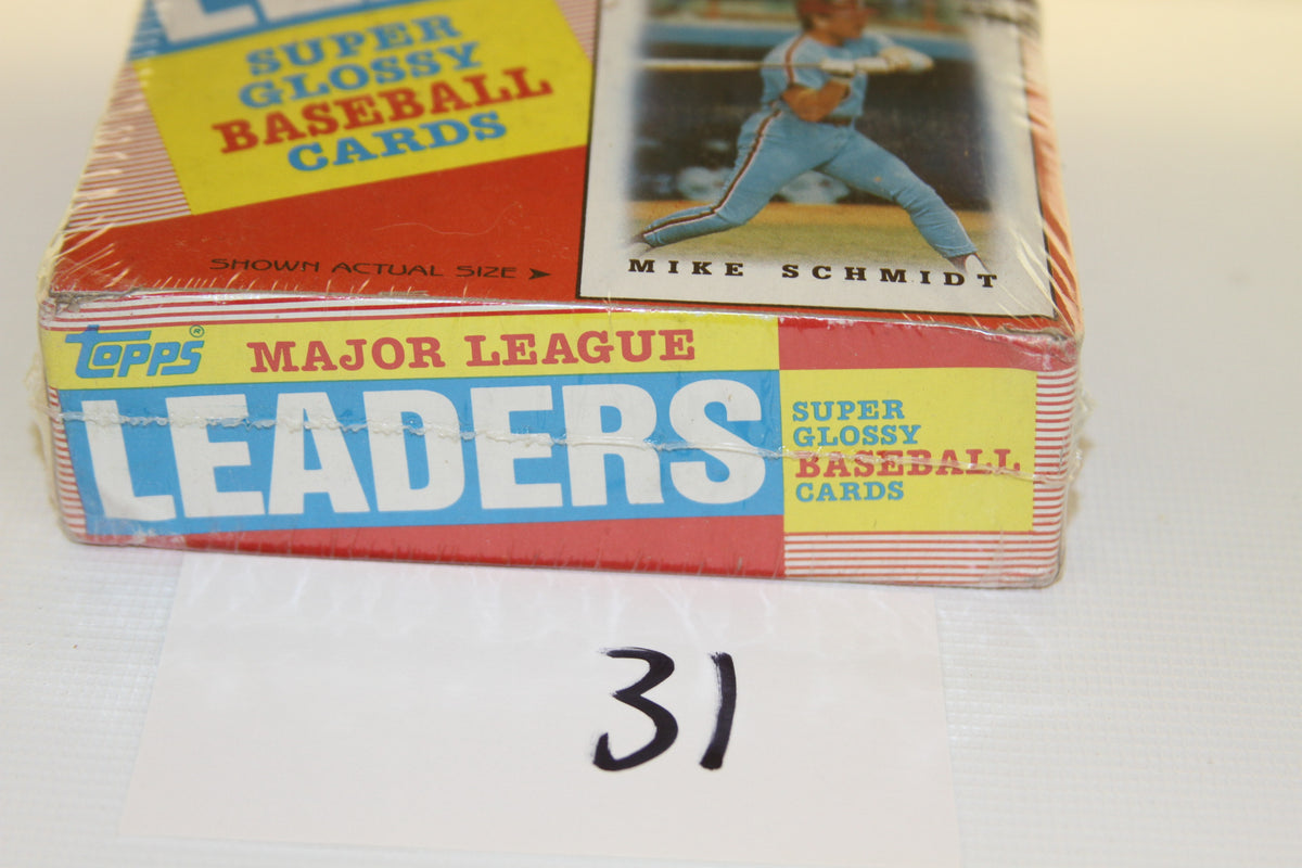 Close-up of Topps Major League Leaders baseball cards box front and label