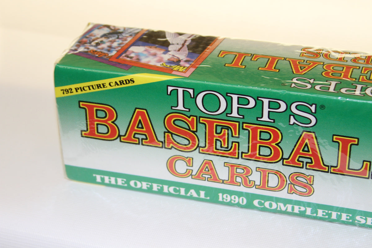 Close-up of 1990 Topps Baseball Cards box featuring 792 picture cards text