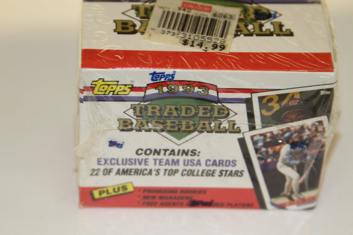 Front view of 1993 Topps Traded Baseball Card Box featuring Topps logo and exclusive card details
