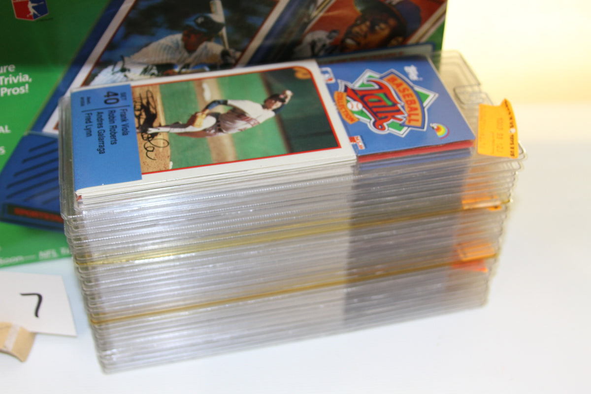 Close up of Topps Sports Talk baseball cards in plastic holders