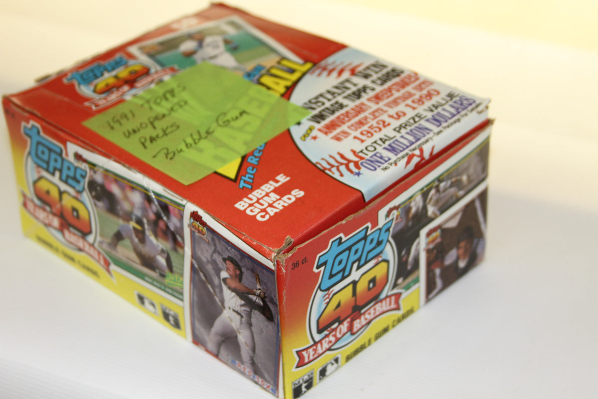 Angled view of 1991 Topps Baseball unopened box showing graphics and branding