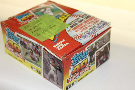 Angled view of 1991 Topps Baseball unopened box showing graphics and branding