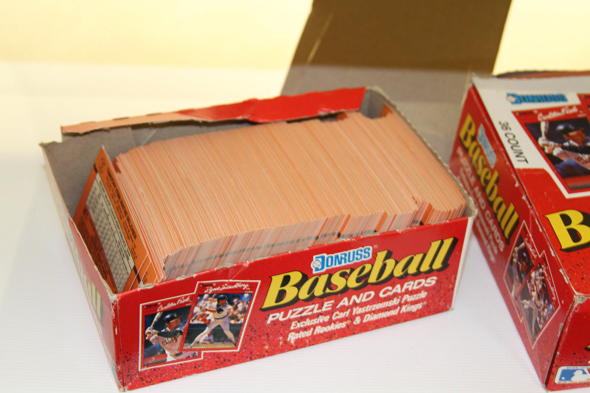 Open Donruss Baseball card box showing stacked cards